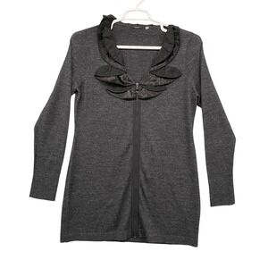 Tahari Gray Knit Cardigan Dress Ruffle Neck Zip Front Long‎ Sleeve Womens L